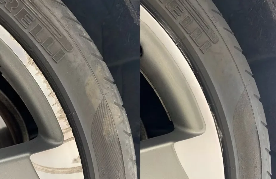 Neumático y llanta antes y después de la limpieza